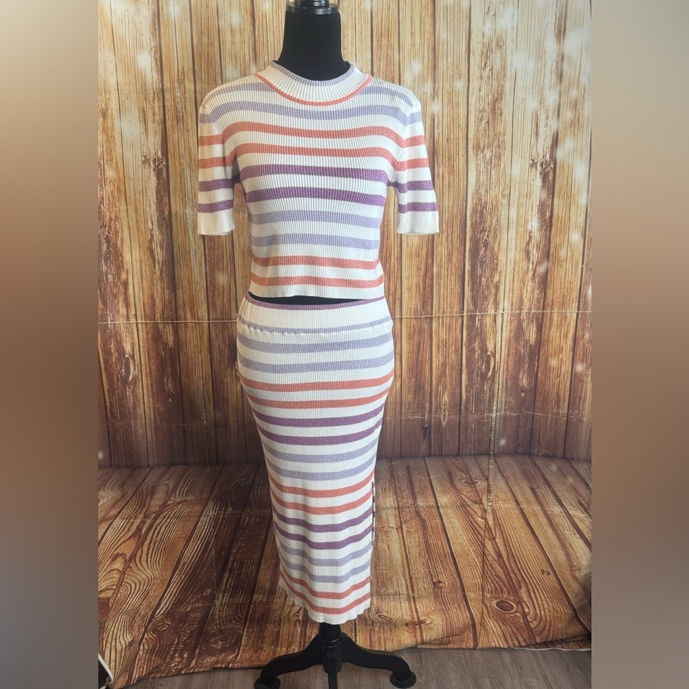 Say What? Women’s Ribbed Stretch Stripe Skirt and Crop Top Set Size Large